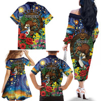 Kiwi-Kookaburra Bird ANZAC Personalised Family Matching Off The Shoulder Long Sleeve Dress and Hawaiian Shirt Aussie Golden Wattle Poppy Flowers