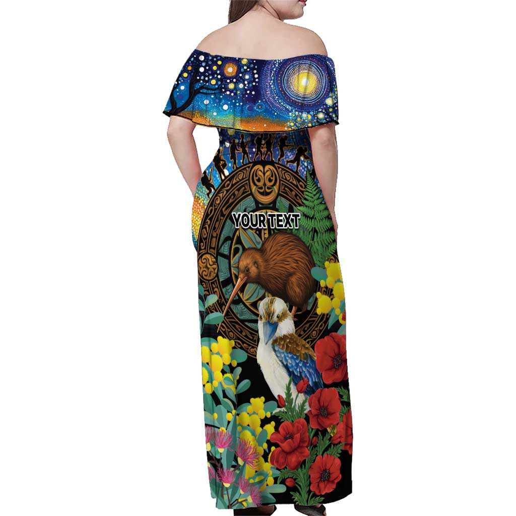Kiwi-Kookaburra Bird ANZAC Personalised Family Matching Off Shoulder Maxi Dress and Hawaiian Shirt Aussie Golden Wattle Poppy Flowers