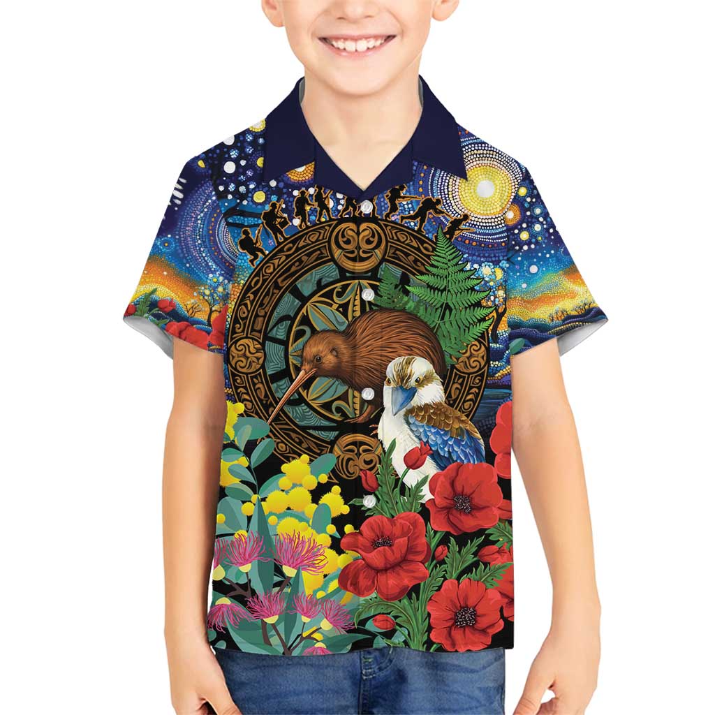 Kiwi-Kookaburra Bird ANZAC Personalised Family Matching Off Shoulder Maxi Dress and Hawaiian Shirt Aussie Golden Wattle Poppy Flowers