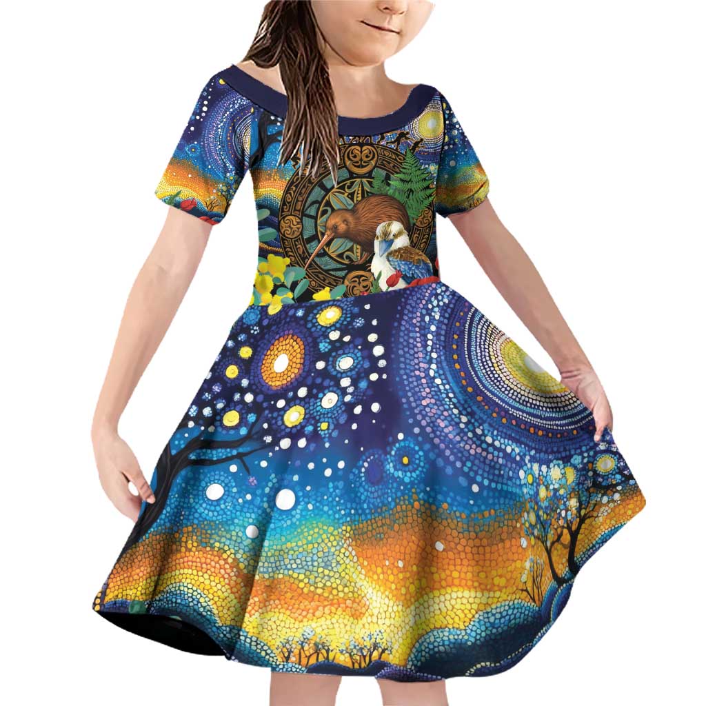 Kiwi-Kookaburra Bird ANZAC Personalised Family Matching Off Shoulder Short Dress and Hawaiian Shirt Aussie Golden Wattle Poppy Flowers