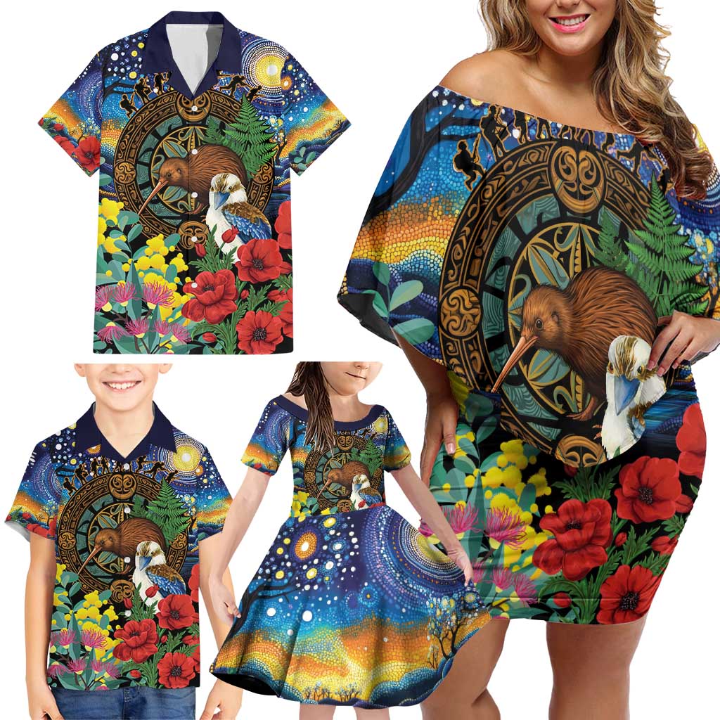 Kiwi-Kookaburra Bird ANZAC Personalised Family Matching Off Shoulder Short Dress and Hawaiian Shirt Aussie Golden Wattle Poppy Flowers