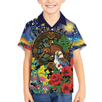 Kiwi-Kookaburra Bird ANZAC Personalised Family Matching Short Sleeve Bodycon Dress and Hawaiian Shirt Aussie Golden Wattle Poppy Flowers