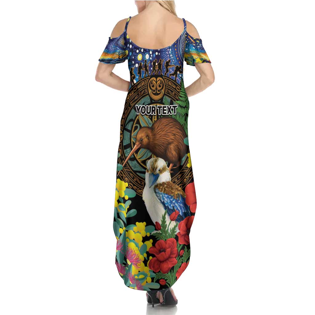 Kiwi-Kookaburra Bird ANZAC Personalised Family Matching Summer Maxi Dress and Hawaiian Shirt Aussie Golden Wattle Poppy Flowers