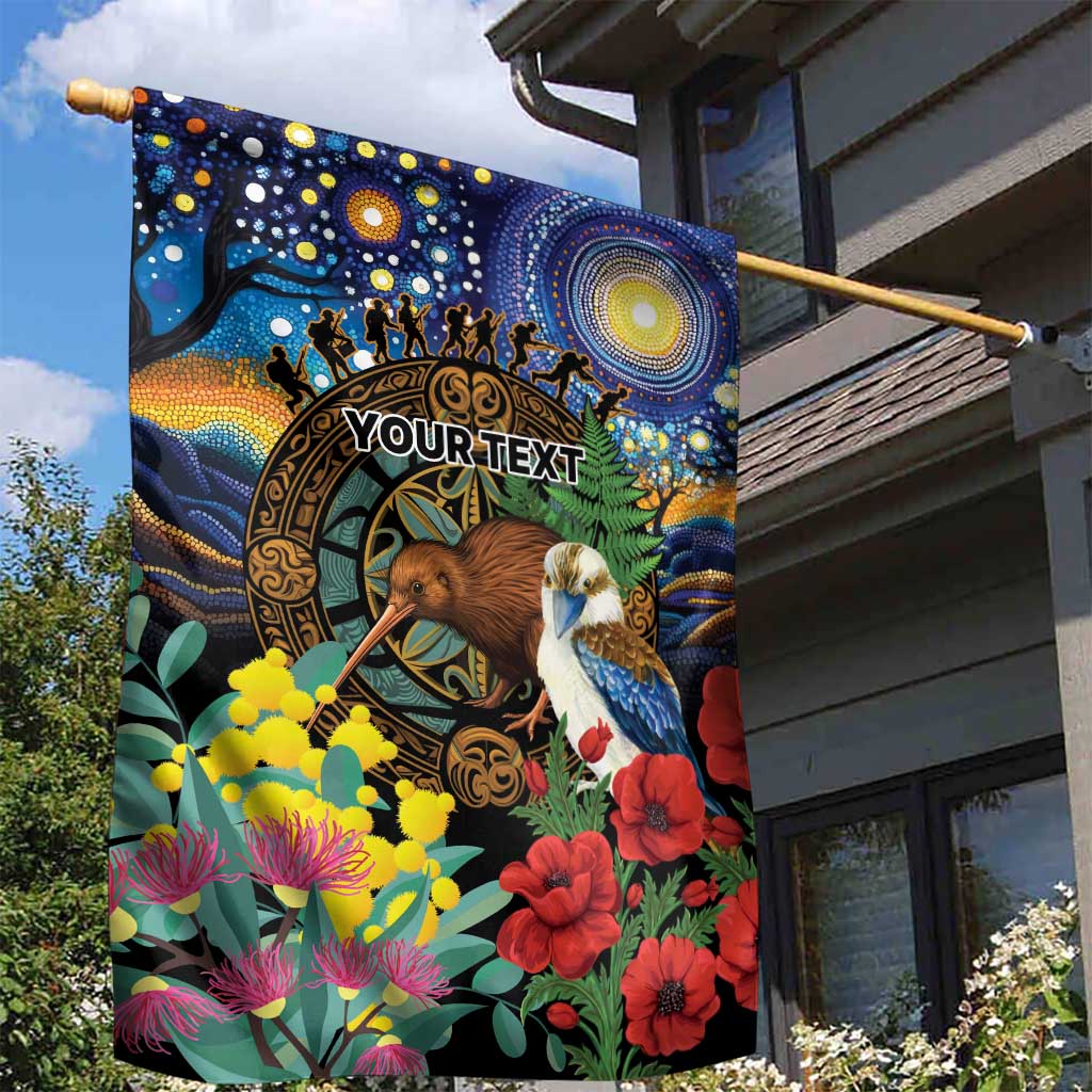 Kiwi-Kookaburra Bird ANZAC Personalised Garden Flag Aussie Golden Wattle Poppy Flowers