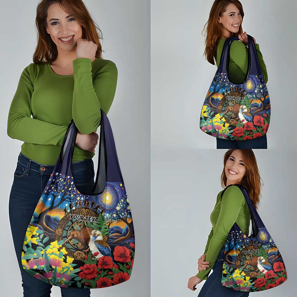 Kiwi-Kookaburra Bird ANZAC Personalised Grocery Bag Aussie Golden Wattle Poppy Flowers