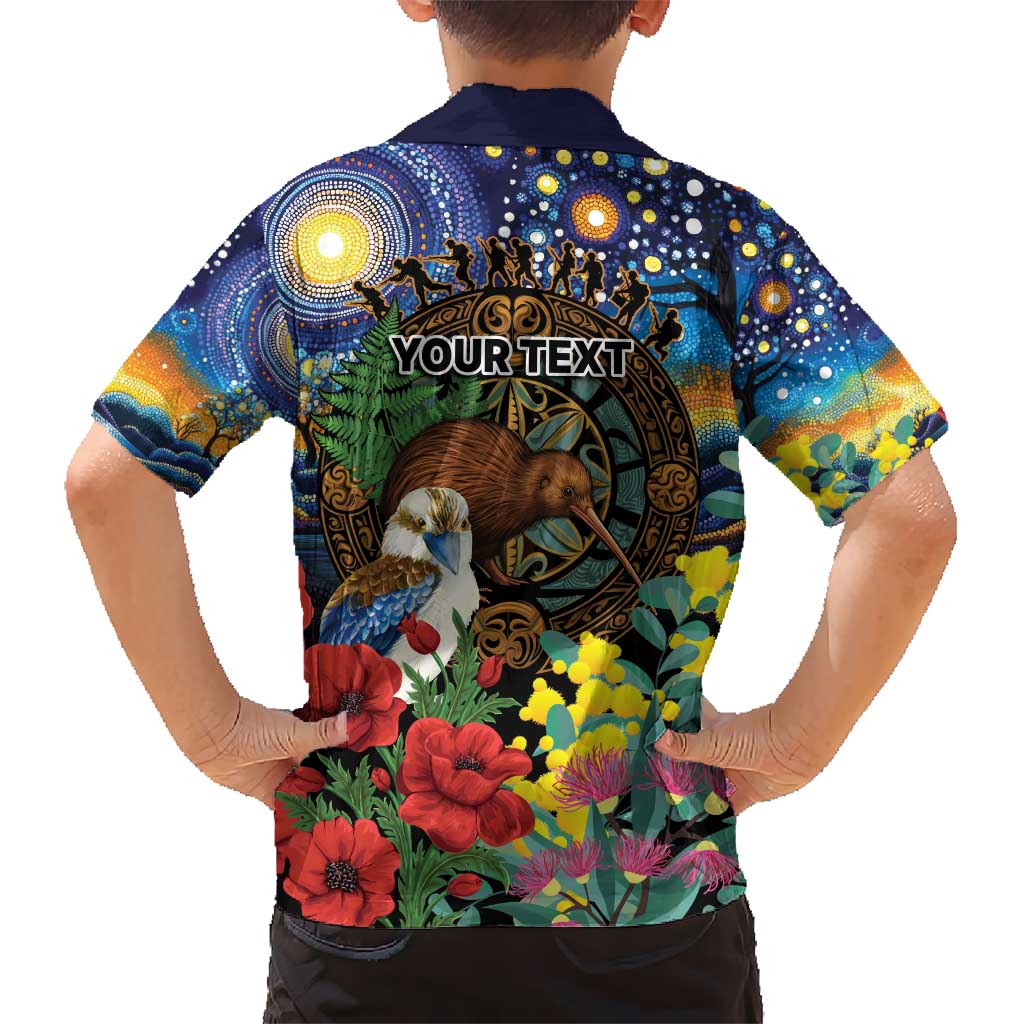 Kiwi-Kookaburra Bird ANZAC Personalised Kid Hawaiian Shirt Aussie Golden Wattle Poppy Flowers
