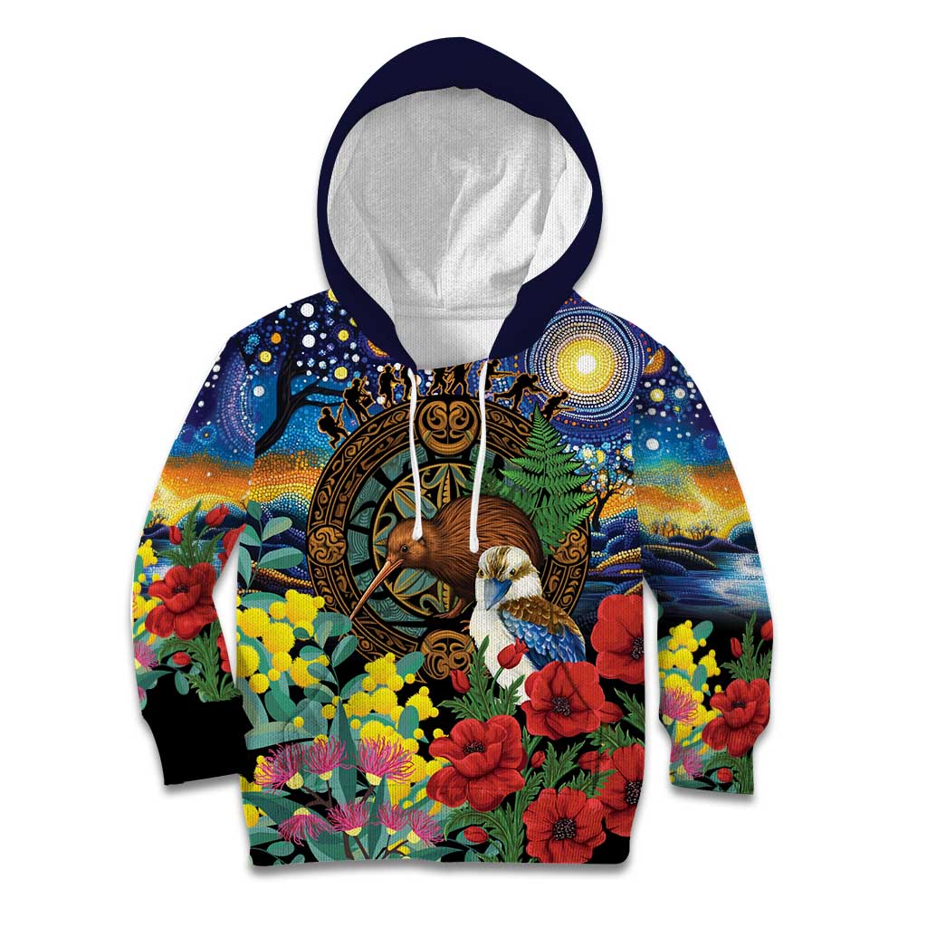 Kiwi-Kookaburra Bird ANZAC Personalised Kid Hoodie Aussie Golden Wattle Poppy Flowers