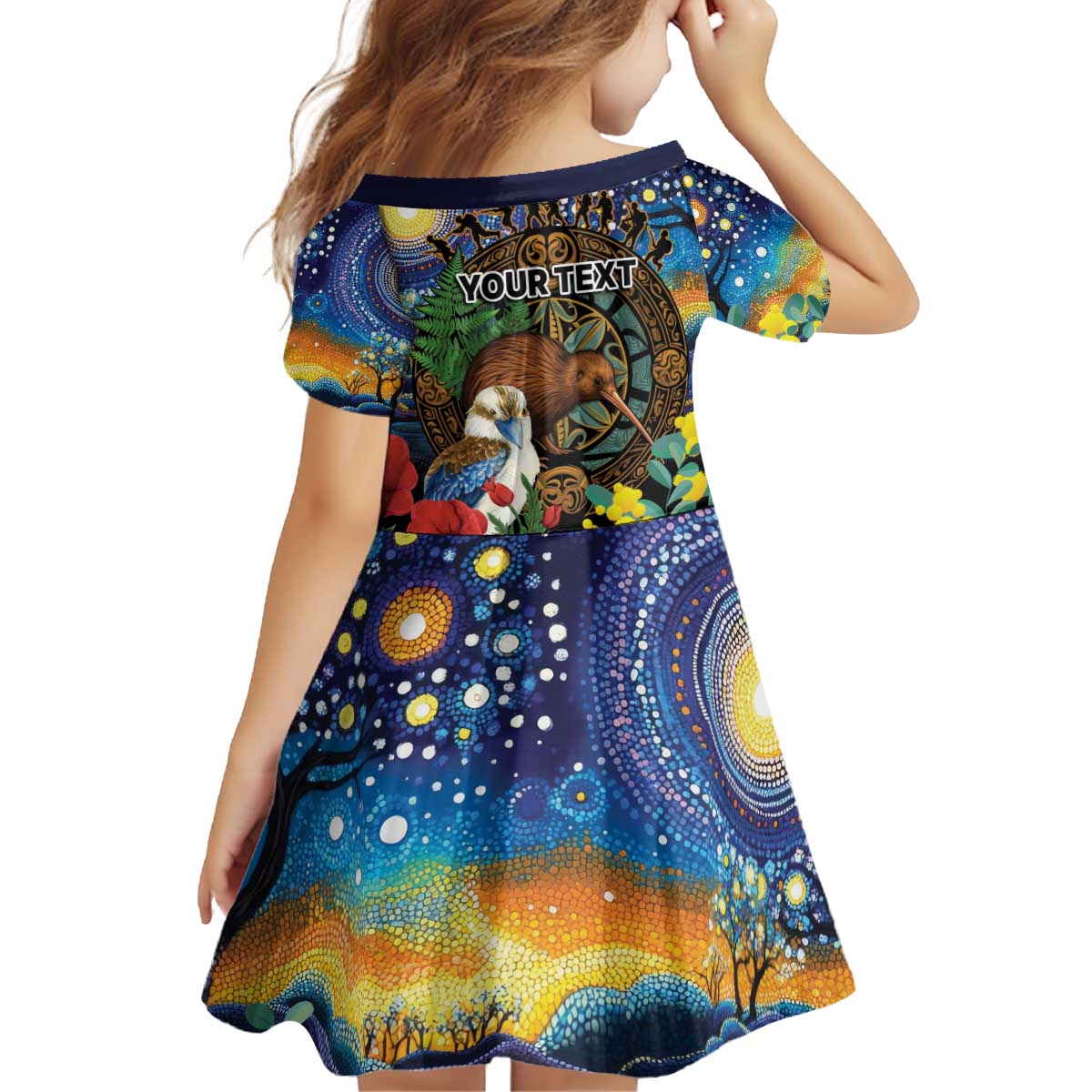 Kiwi-Kookaburra Bird ANZAC Personalised Kid Short Sleeve Dress Aussie Golden Wattle Poppy Flowers