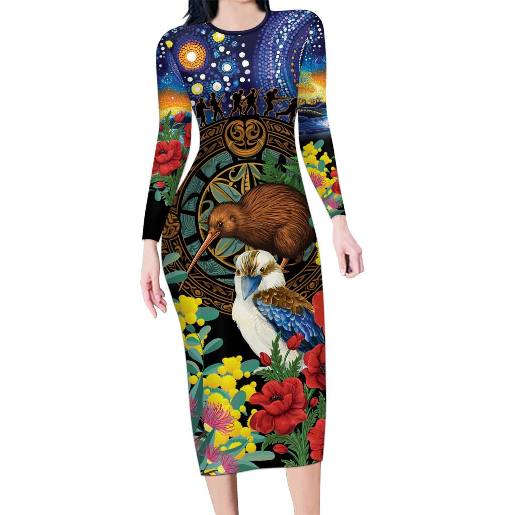 Kiwi-Kookaburra Bird ANZAC Personalised Long Sleeve Bodycon Dress Aussie Golden Wattle Poppy Flowers