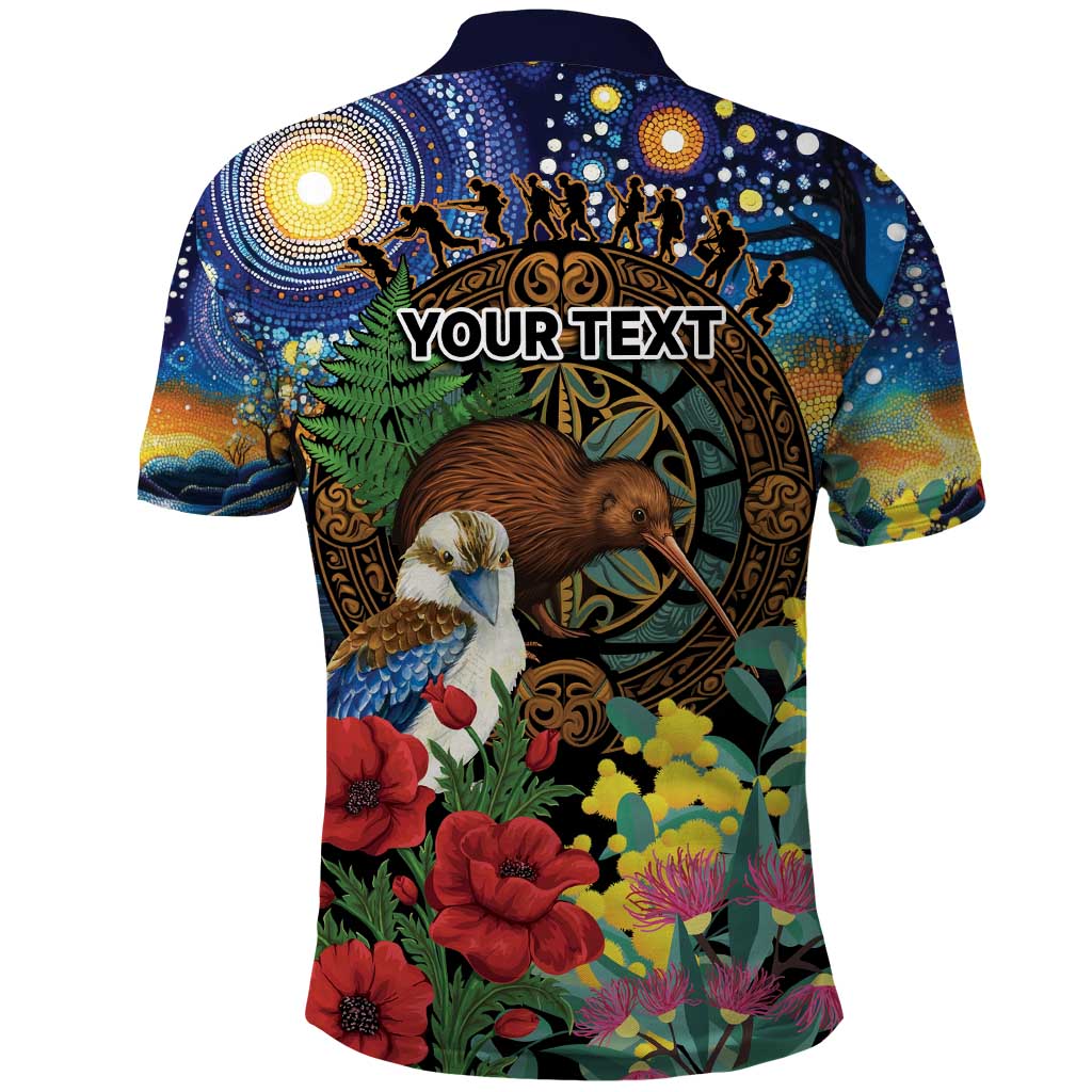 Kiwi-Kookaburra Bird ANZAC Personalised Polo Shirt Aussie Golden Wattle Poppy Flowers