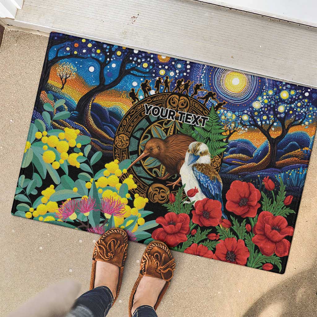 Kiwi-Kookaburra Bird ANZAC Personalised Rubber Doormat Aussie Golden Wattle Poppy Flowers