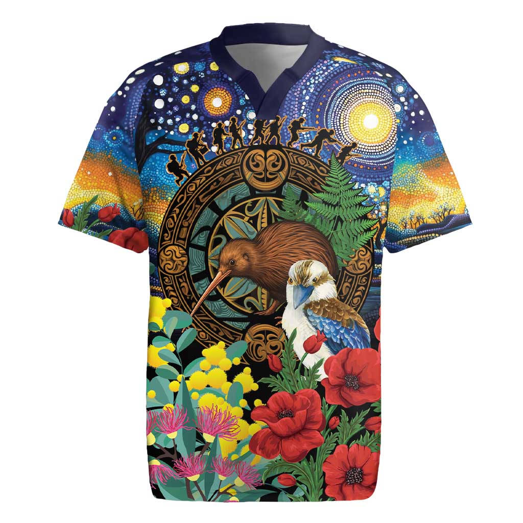 Kiwi-Kookaburra Bird ANZAC Personalised Rugby Jersey Aussie Golden Wattle Poppy Flowers