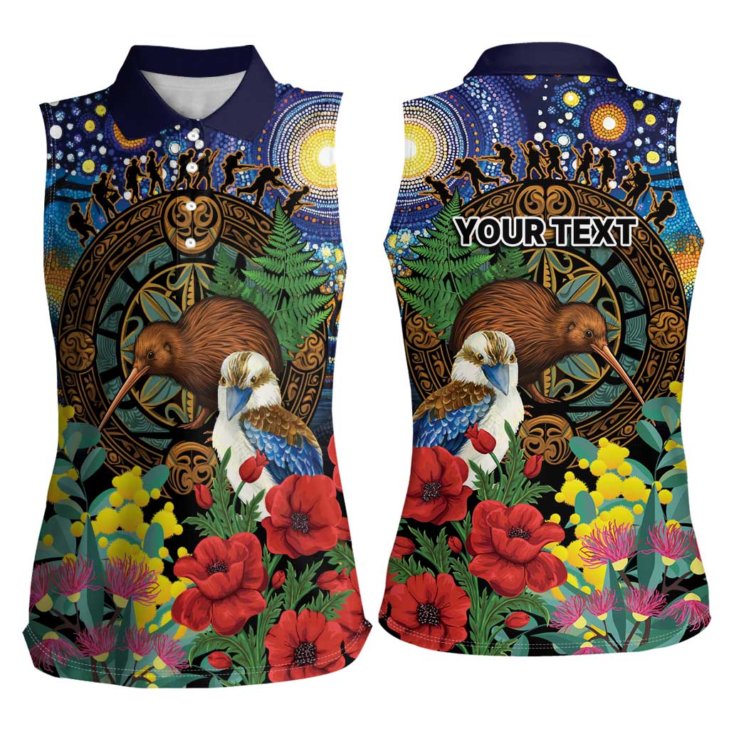 Kiwi-Kookaburra Bird ANZAC Personalised Women Sleeveless Polo Shirt Aussie Golden Wattle Poppy Flowers