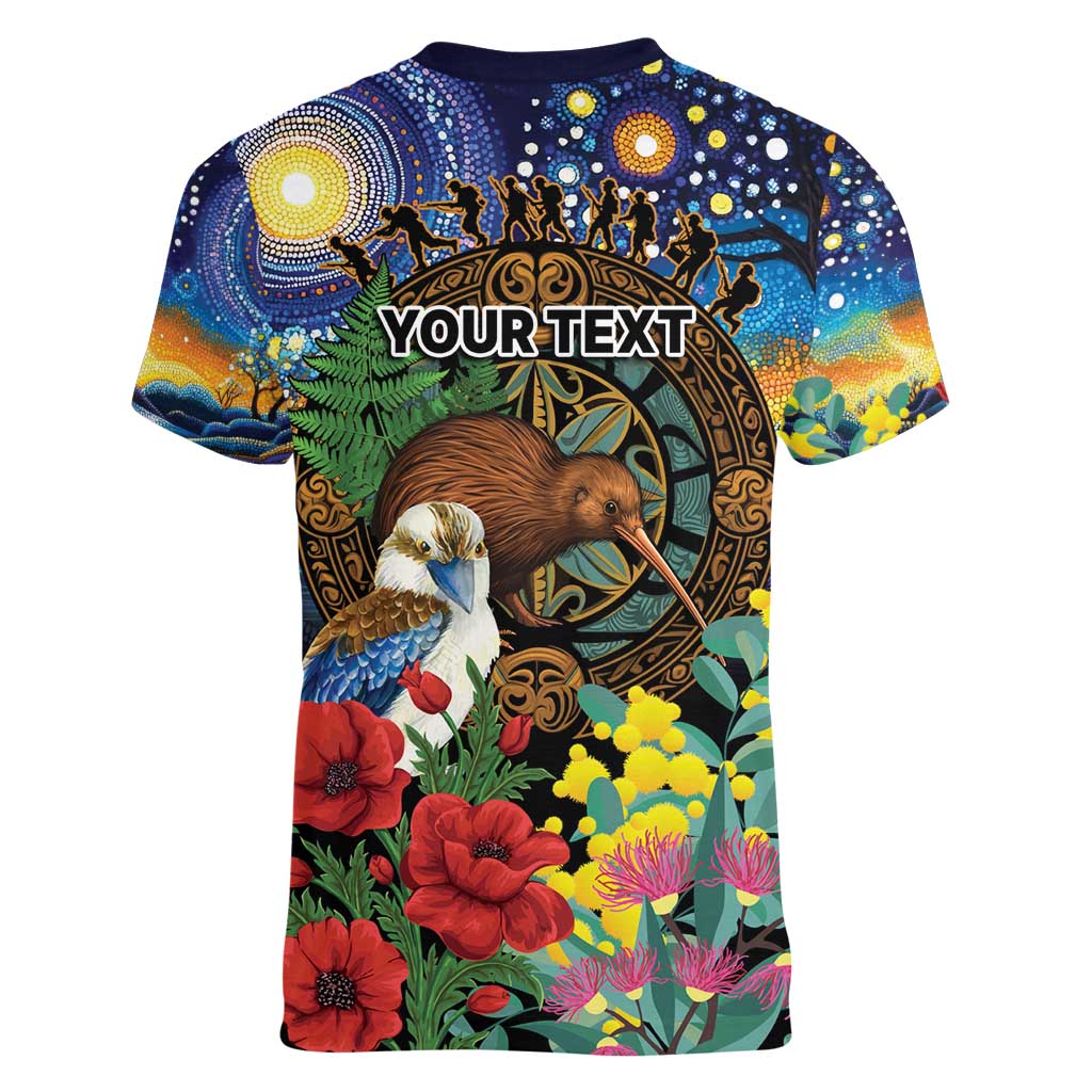 Kiwi-Kookaburra Bird ANZAC Personalised Women V-Neck T-Shirt Aussie Golden Wattle Poppy Flowers