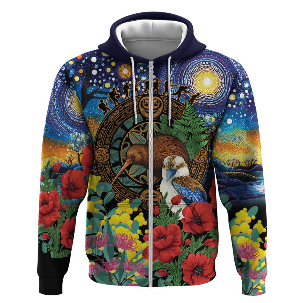 Kiwi-Kookaburra Bird ANZAC Personalised Zip Hoodie Aussie Golden Wattle Poppy Flowers