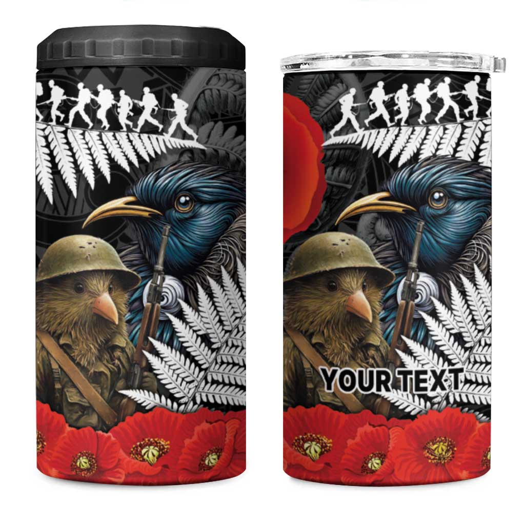 Kiwi-Tui Bird Soldier ANZAC Day Personalised 4 in 1 Can Cooler Tumbler Maori Silver Fern Motif