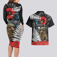 Kiwi-Tui Bird Soldier ANZAC Day Personalised Couples Matching Long Sleeve Bodycon Dress and Hawaiian Shirt Maori Silver Fern Motif