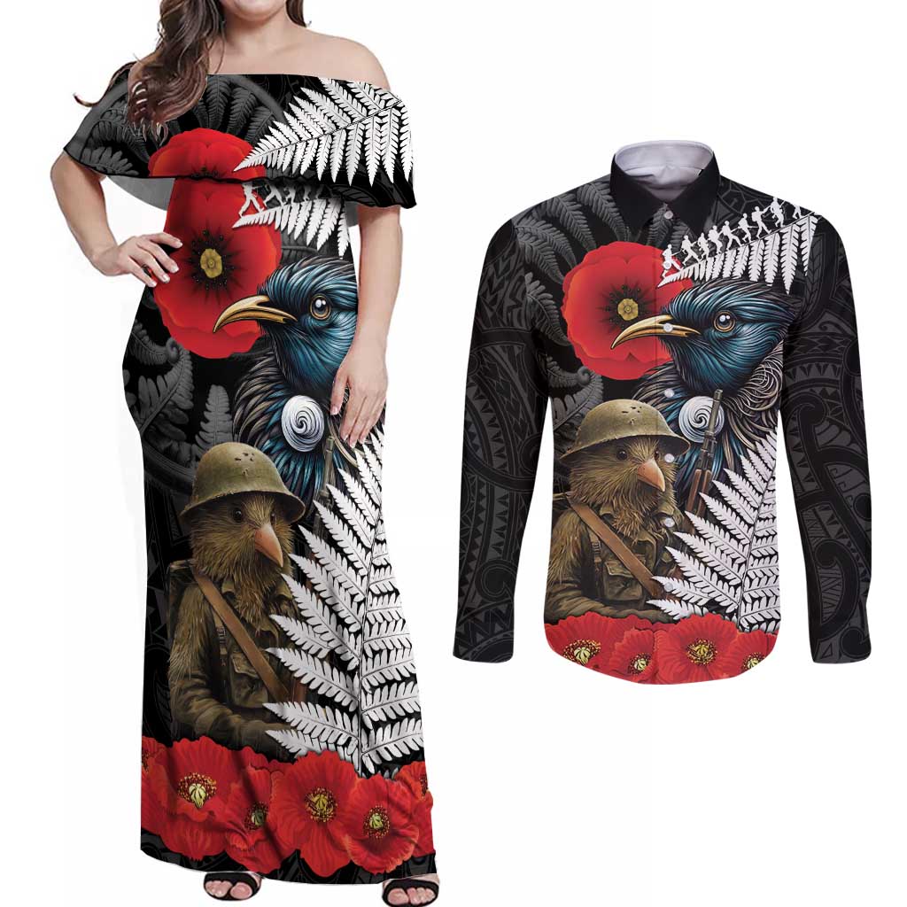 Kiwi-Tui Bird Soldier ANZAC Day Personalised Couples Matching Off Shoulder Maxi Dress and Long Sleeve Button Shirt Maori Silver Fern Motif