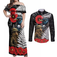 Kiwi-Tui Bird Soldier ANZAC Day Personalised Couples Matching Off Shoulder Maxi Dress and Long Sleeve Button Shirt Maori Silver Fern Motif