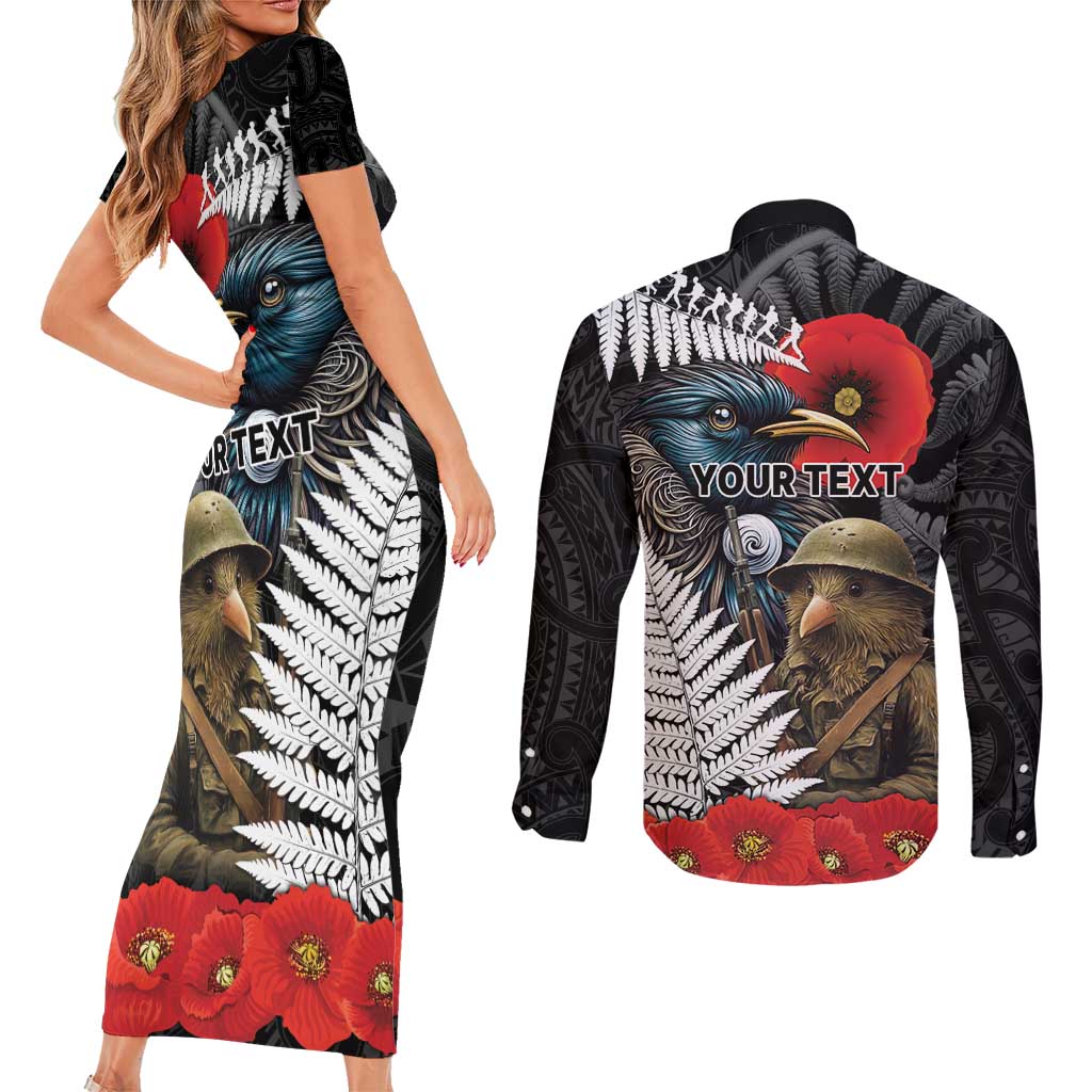 Kiwi-Tui Bird Soldier ANZAC Day Personalised Couples Matching Short Sleeve Bodycon Dress and Long Sleeve Button Shirt Maori Silver Fern Motif