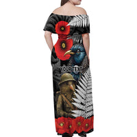 Kiwi-Tui Bird Soldier ANZAC Day Personalised Family Matching Off Shoulder Maxi Dress and Hawaiian Shirt Maori Silver Fern Motif