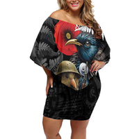 Kiwi-Tui Bird Soldier ANZAC Day Personalised Family Matching Off Shoulder Short Dress and Hawaiian Shirt Maori Silver Fern Motif