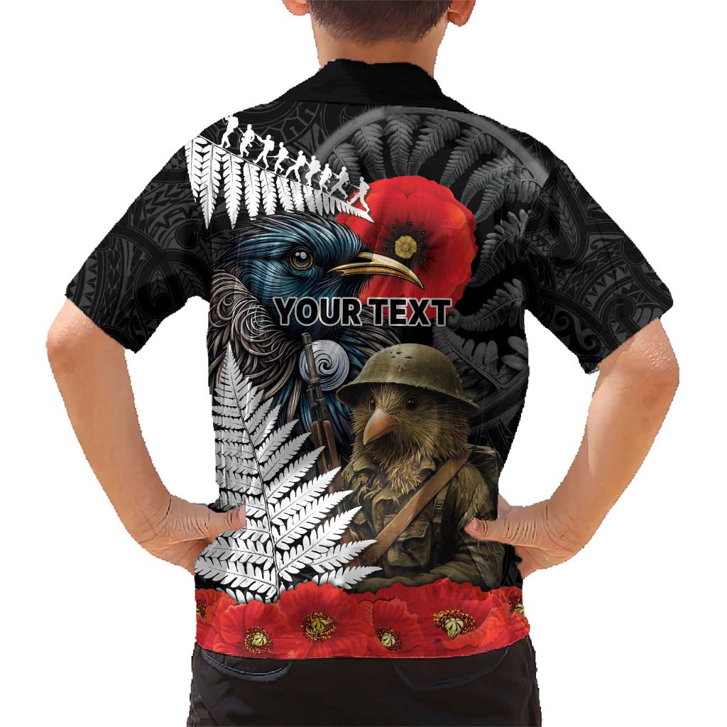Kiwi-Tui Bird Soldier ANZAC Day Personalised Family Matching Short Sleeve Bodycon Dress and Hawaiian Shirt Maori Silver Fern Motif