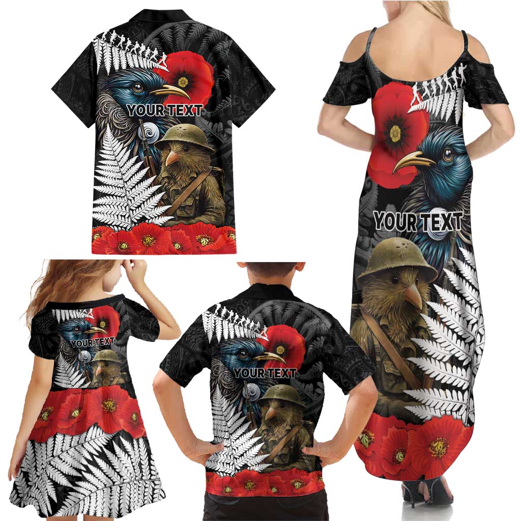 Kiwi-Tui Bird Soldier ANZAC Day Personalised Family Matching Summer Maxi Dress and Hawaiian Shirt Maori Silver Fern Motif