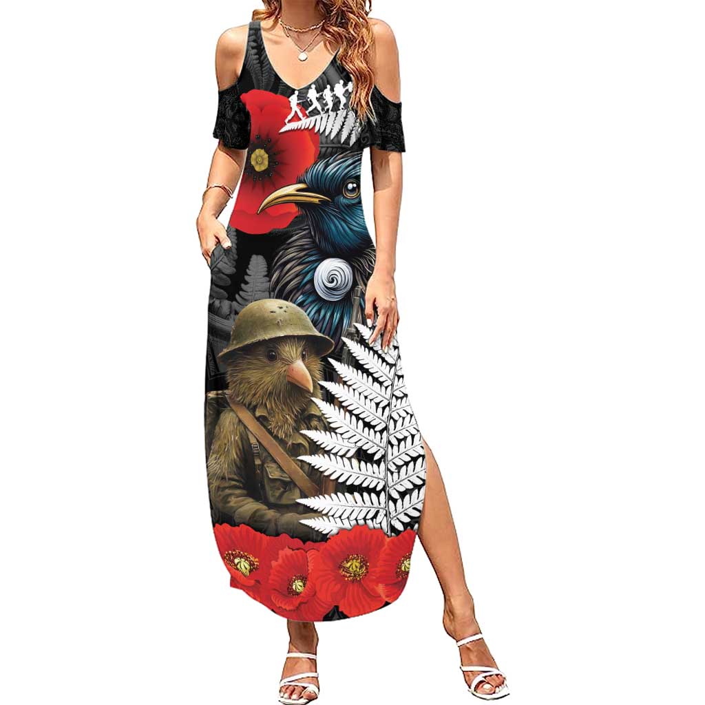Kiwi-Tui Bird Soldier ANZAC Day Personalised Family Matching Summer Maxi Dress and Hawaiian Shirt Maori Silver Fern Motif