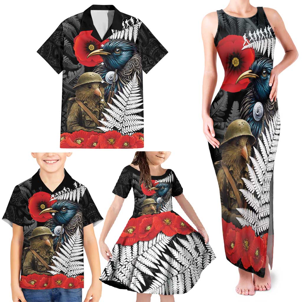 Kiwi-Tui Bird Soldier ANZAC Day Personalised Family Matching Tank Maxi Dress and Hawaiian Shirt Maori Silver Fern Motif