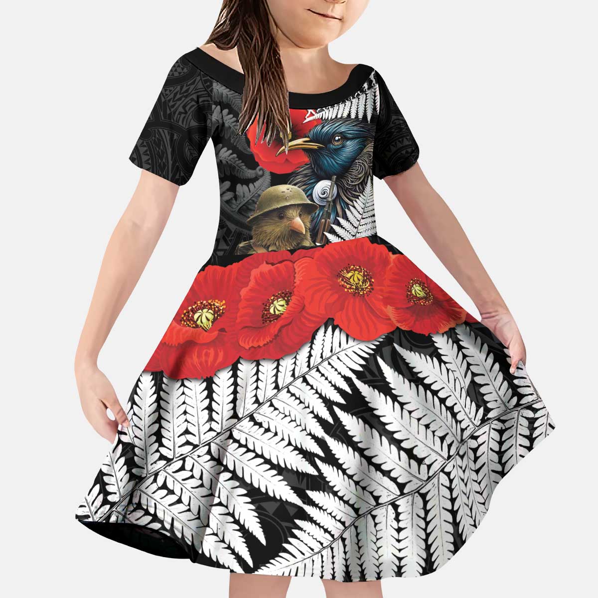 Kiwi-Tui Bird Soldier ANZAC Day Personalised Kid Short Sleeve Dress Maori Silver Fern Motif