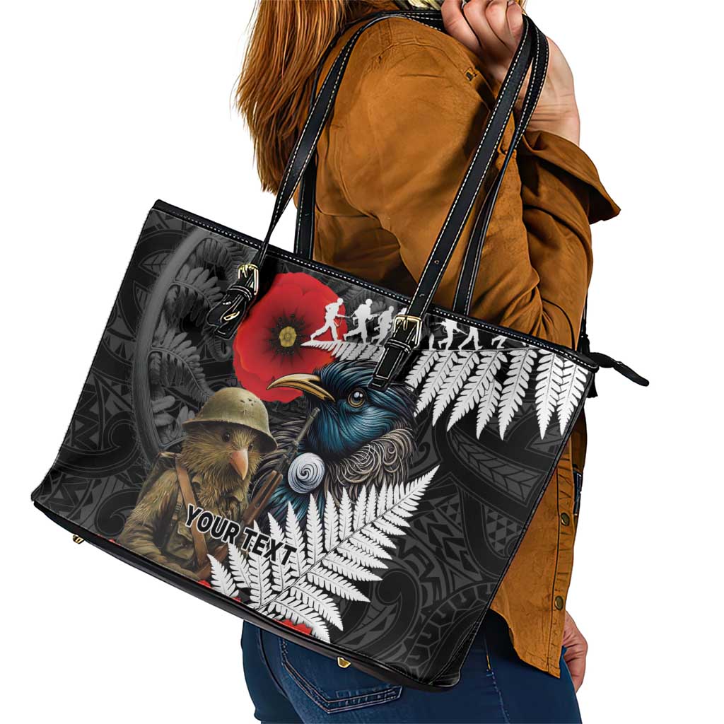 Kiwi-Tui Bird Soldier ANZAC Day Personalised Leather Tote Bag Maori Silver Fern Motif