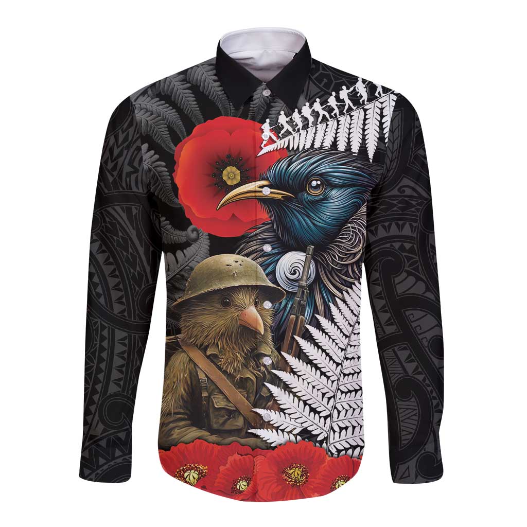 Kiwi-Tui Bird Soldier ANZAC Day Personalised Long Sleeve Button Shirt Maori Silver Fern Motif