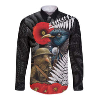 Kiwi-Tui Bird Soldier ANZAC Day Personalised Long Sleeve Button Shirt Maori Silver Fern Motif