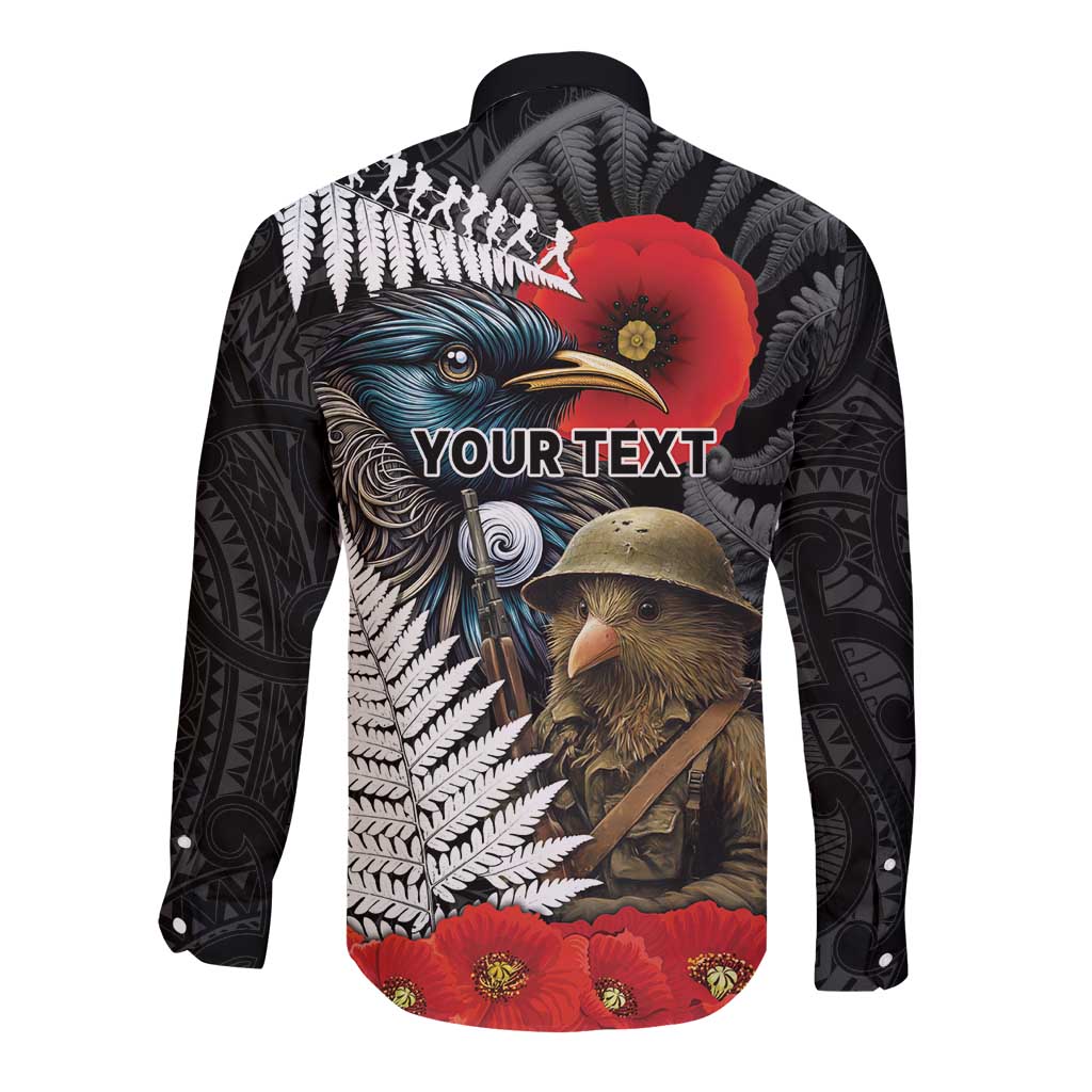 Kiwi-Tui Bird Soldier ANZAC Day Personalised Long Sleeve Button Shirt Maori Silver Fern Motif