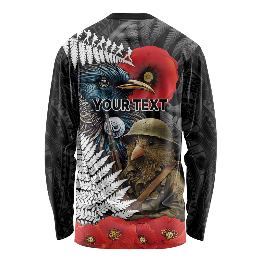 Kiwi-Tui Bird Soldier ANZAC Day Personalised Long Sleeve Shirt Maori Silver Fern Motif