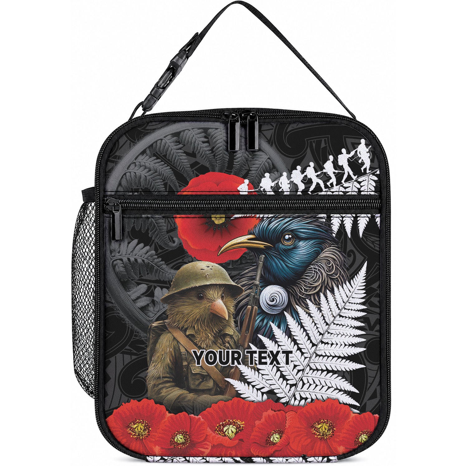 Kiwi-Tui Bird Soldier ANZAC Day Personalised Lunch Bag Maori Silver Fern Motif LT9 10.2 × 8.3 × 4.3 inch Black - Polynesian Pride
