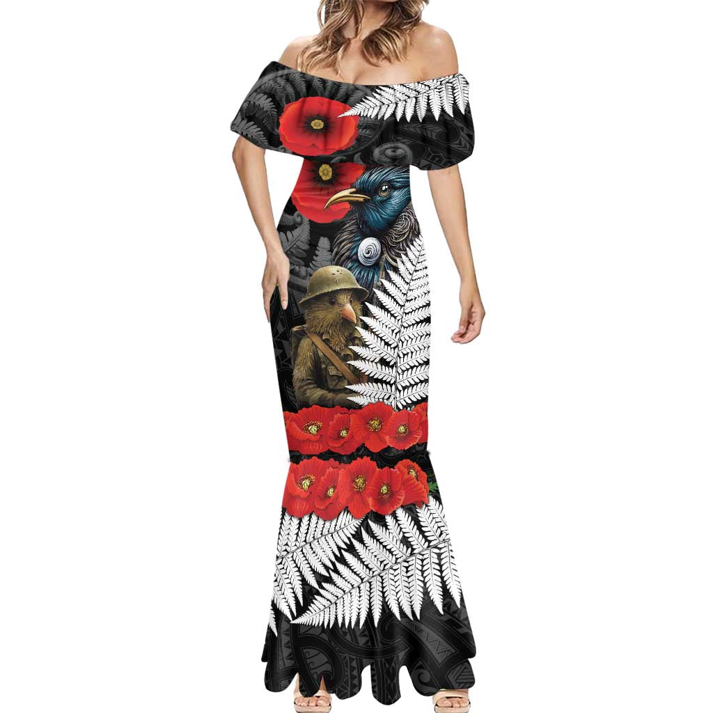 Kiwi-Tui Bird Soldier ANZAC Day Personalised Mermaid Dress Maori Silver Fern Motif