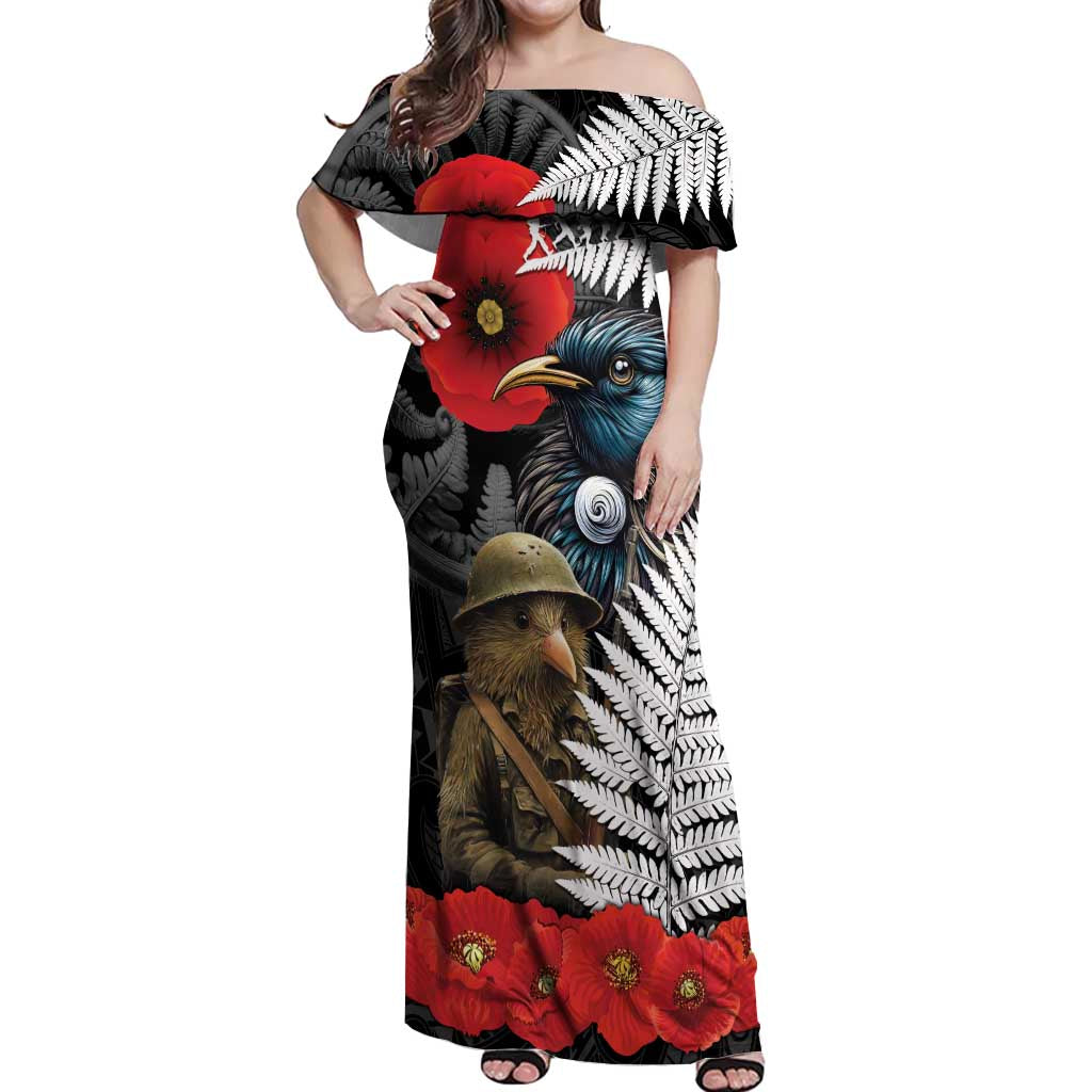 Kiwi-Tui Bird Soldier ANZAC Day Personalised Off Shoulder Maxi Dress Maori Silver Fern Motif