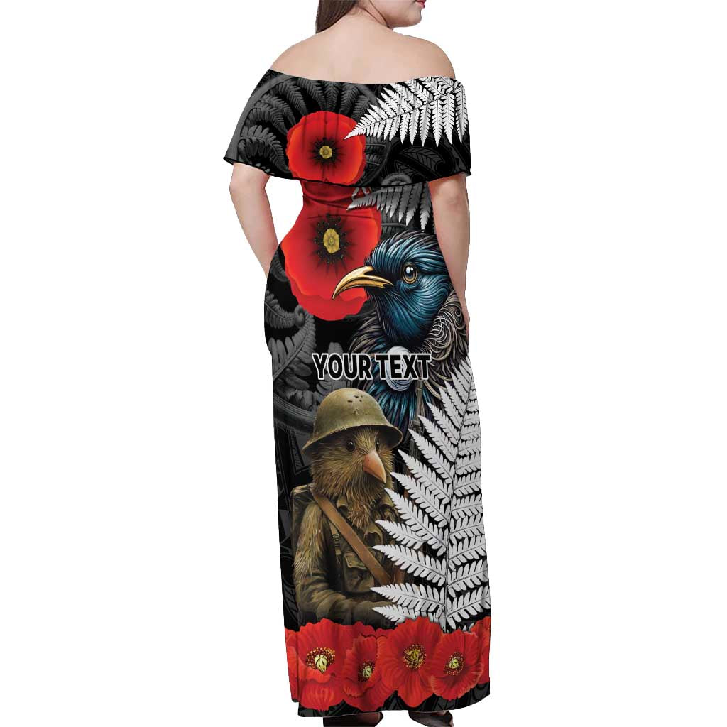 Kiwi-Tui Bird Soldier ANZAC Day Personalised Off Shoulder Maxi Dress Maori Silver Fern Motif