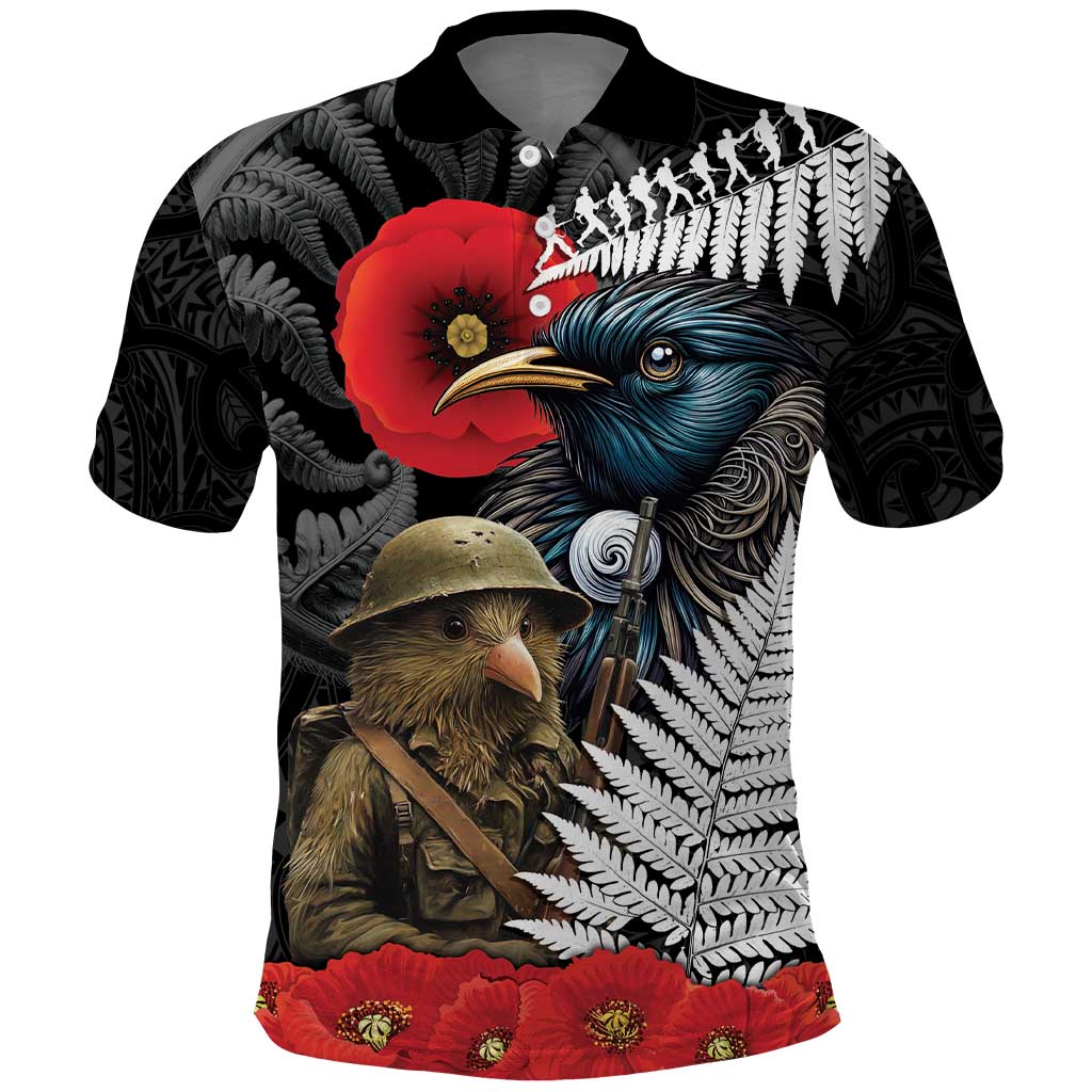 Kiwi-Tui Bird Soldier ANZAC Day Personalised Polo Shirt Maori Silver Fern Motif