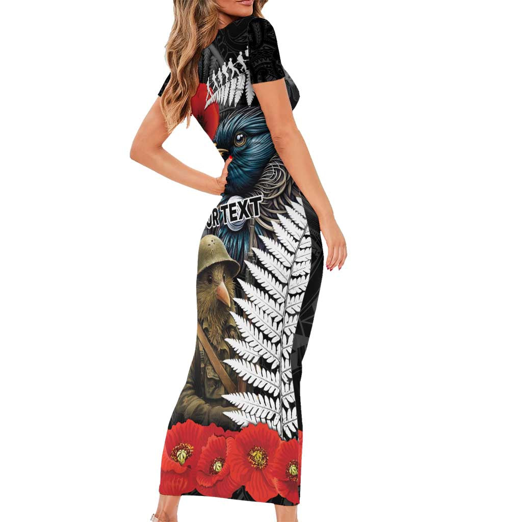 Kiwi-Tui Bird Soldier ANZAC Day Personalised Short Sleeve Bodycon Dress Maori Silver Fern Motif
