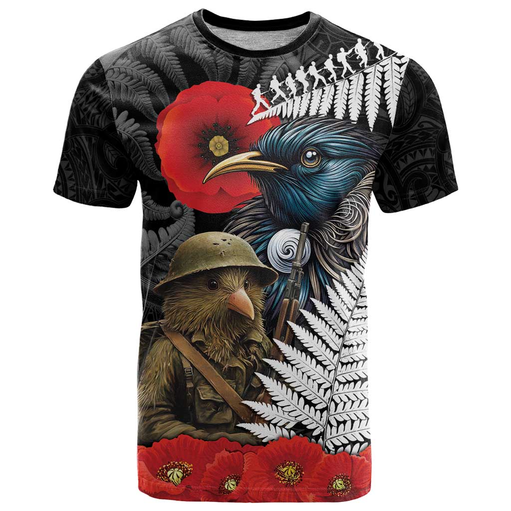 Kiwi-Tui Bird Soldier ANZAC Day Personalised T Shirt Maori Silver Fern Motif