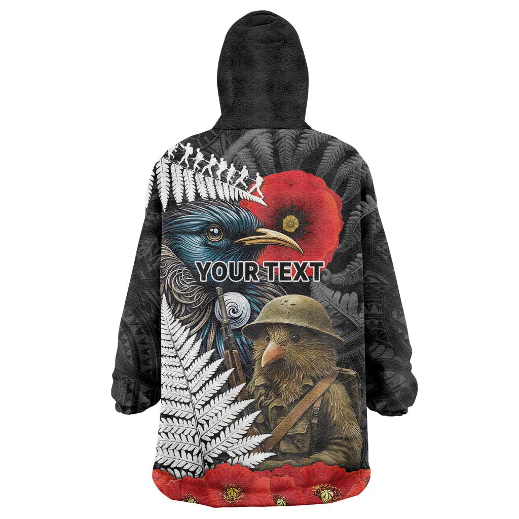 Kiwi-Tui Bird Soldier ANZAC Day Personalised Wearable Blanket Hoodie Maori Silver Fern Motif