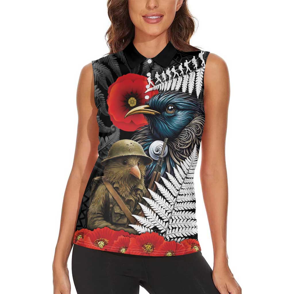 Kiwi-Tui Bird Soldier ANZAC Day Personalised Women Sleeveless Polo Shirt Maori Silver Fern Motif
