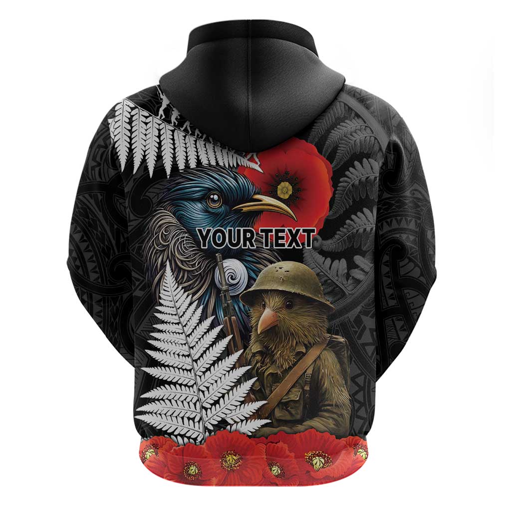 Kiwi-Tui Bird Soldier ANZAC Day Personalised Zip Hoodie Maori Silver Fern Motif