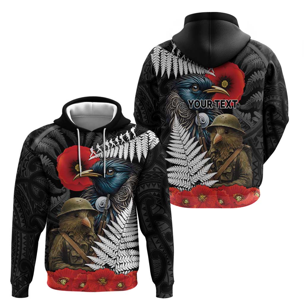 Kiwi-Tui Bird Soldier ANZAC Day Personalised Zip Hoodie Maori Silver Fern Motif