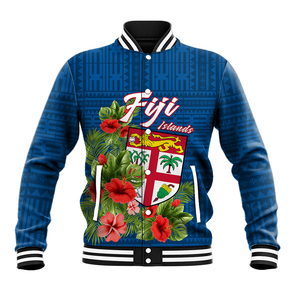 Polynesian Pride Fiji Baseball Jacket Tropical Flowers and Tapa Pattern LT9 Unisex Blue - Polynesian Pride