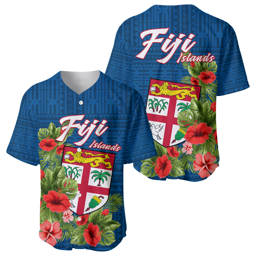 Polynesian Pride Fiji Baseball Jersey Tropical Flowers and Tapa Pattern LT9 Blue - Polynesian Pride