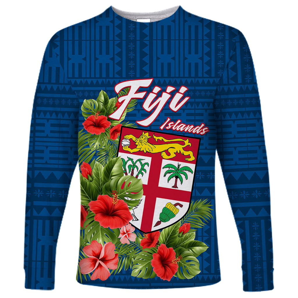 Polynesian Pride Fiji Long Sleeve Shirt Tropical Flowers and Tapa Pattern LT9 Unisex Blue - Polynesian Pride